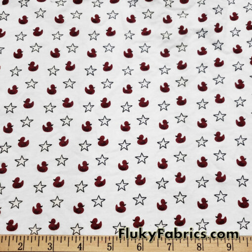 Burgundy Ducklings and Stars Print French Terry 100% Cotton Fabric
