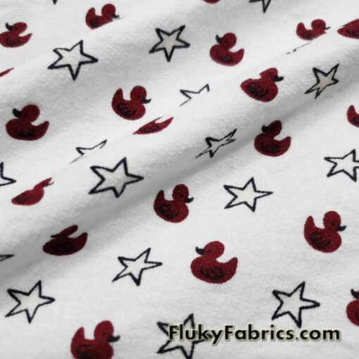 Burgundy Ducklings and Stars Print French Terry 100% Cotton Fabric
