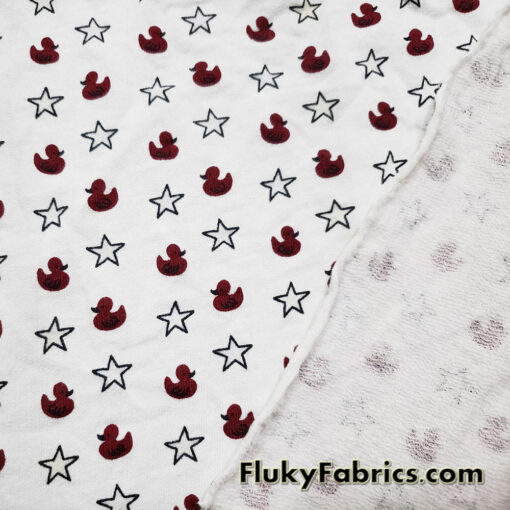 Burgundy Ducklings and Stars Print French Terry 100% Cotton Fabric