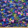 Colorful Love and Peace Signs Print on Royal Blue French Terry 100% Cotton Fabric by the Yard at flukyfabrics.com