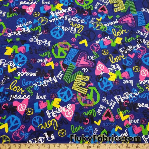 Colorful Love and Peace Signs Print on Royal Blue French Terry 100% Cotton Fabric