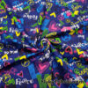 Colorful Love and Peace Signs Print on Royal Blue French Terry 100% Cotton Fabric