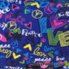 Colorful Love and Peace Signs Print on Royal Blue French Terry 100% Cotton Fabric