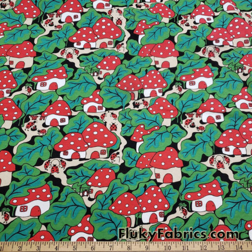 Ladybug Mushroom Village Print Interlock Cotton Knit Fabric