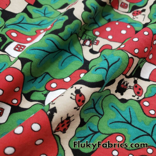 Ladybug Mushroom Village Print Interlock Cotton Knit Fabric