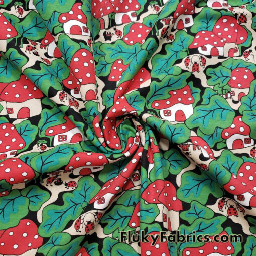 Ladybug Mushroom Village Print Interlock Cotton Knit Fabric