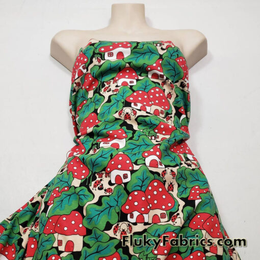 Ladybug Mushroom Village Print Interlock Cotton Knit Fabric