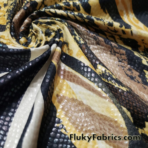 Abstract Snake Animal Print with Clear Foil Lightweight Poly Spandex Venezia Fabric