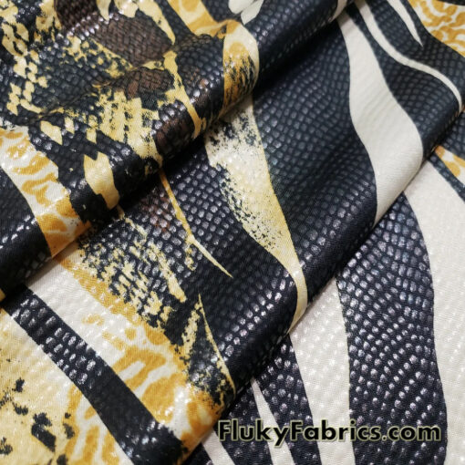 Abstract Snake Animal Print with Clear Foil Lightweight Poly Spandex Venezia Fabric