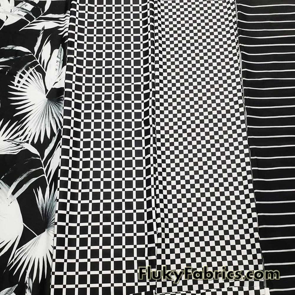 Black and White Grid Squares Pattern 4 Way Stretch Nylon Spandex Bikini Swimsuit Swimwear Fabric by the Yard