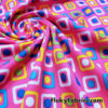 Colorful Squares and Dots on Bright Hot Pink Print Poly Spandex Fabric
