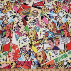 Girl and Women Focused Colorful Comic Book Style Print DTY Poly Spandex Knit Fabric Slightly Flawed with Small Misprint by the yard at flukyfabrics.com