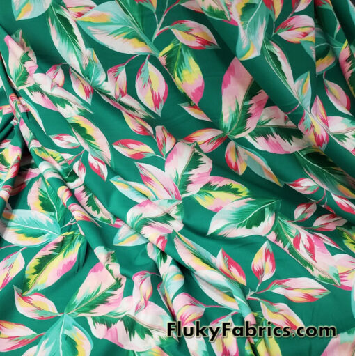 Watercolor Leaf Paint Print on Green Swimsuit Nylon Spandex Fabric