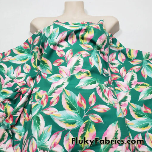 Watercolor Leaf Paint Print on Green Swimsuit Nylon Spandex Fabric