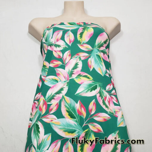 Watercolor Leaf Paint Print on Green Swimsuit Nylon Spandex Fabric