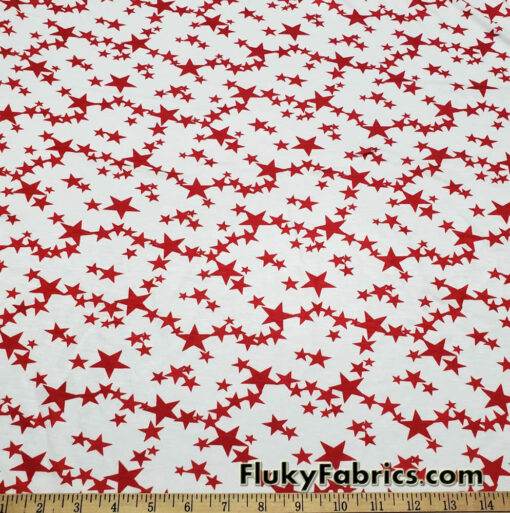 Dark Red Stars on Off White Lightweight Rayon Spandex Jersey Knit Fabric