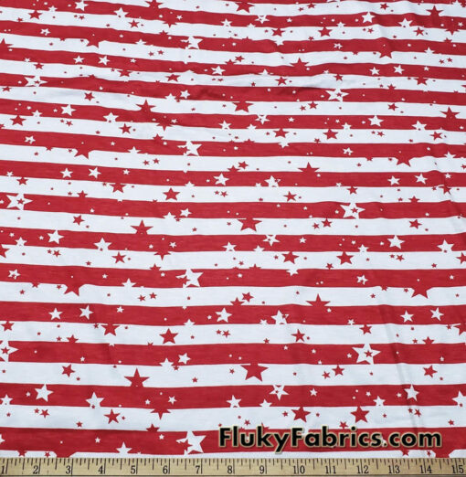 Dark Red Stripes and Stars on Off White Lightweight Rayon Spandex Jersey Knit Fabric