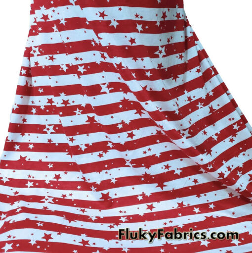 Dark Red Stripes and Stars on Off White Lightweight Rayon Spandex Jersey Knit Fabric