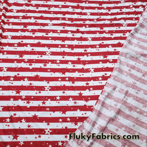 Dark Red Stripes and Stars on Off White Lightweight Rayon Spandex Jersey Knit Fabric