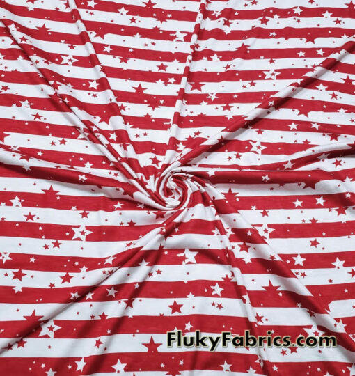 Dark Red Stripes and Stars on Off White Lightweight Rayon Spandex Jersey Knit Fabric