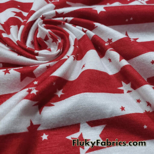 Dark Red Stripes and Stars on Off White Lightweight Rayon Spandex Jersey Knit Fabric
