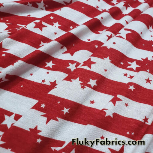 Dark Red Stripes and Stars on Off White Lightweight Rayon Spandex Jersey Knit Fabric