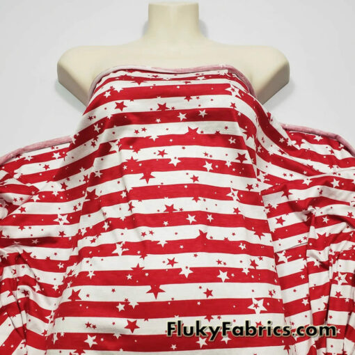 Dark Red Stripes and Stars on Off White Lightweight Rayon Spandex Jersey Knit Fabric