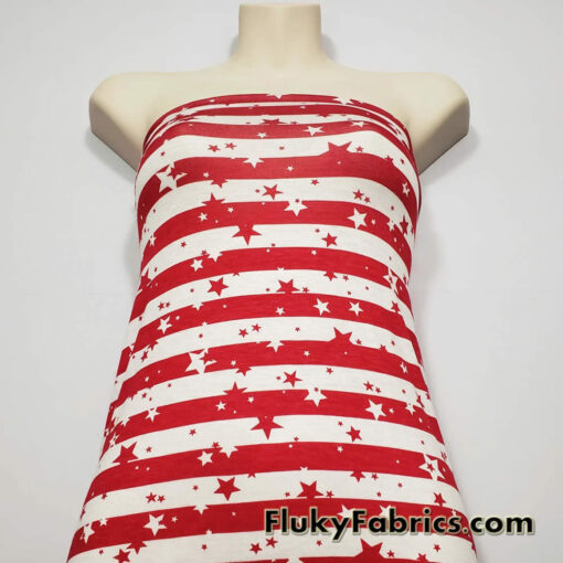 Dark Red Stripes and Stars on Off White Lightweight Rayon Spandex Jersey Knit Fabric