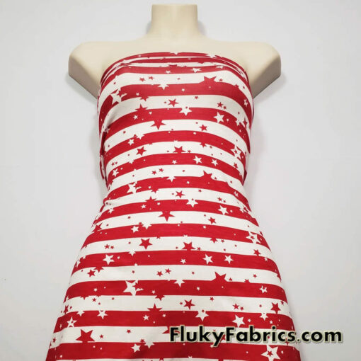 Dark Red Stripes and Stars on Off White Lightweight Rayon Spandex Jersey Knit Fabric