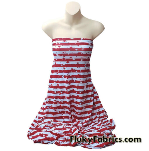 Dark Red Stripes and Stars on Off White Lightweight Rayon Spandex Jersey Knit Fabric