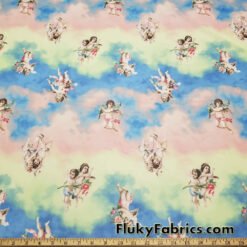 Flying Cherubs on Pastel Clouds 4-Way Stretch Mesh Print Fabric by the Yard at flukyfabrics.com