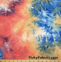 Shades of Orange, Blue, Yellow and Green Fire Tie Dye Print Poly Spandex Fabric
