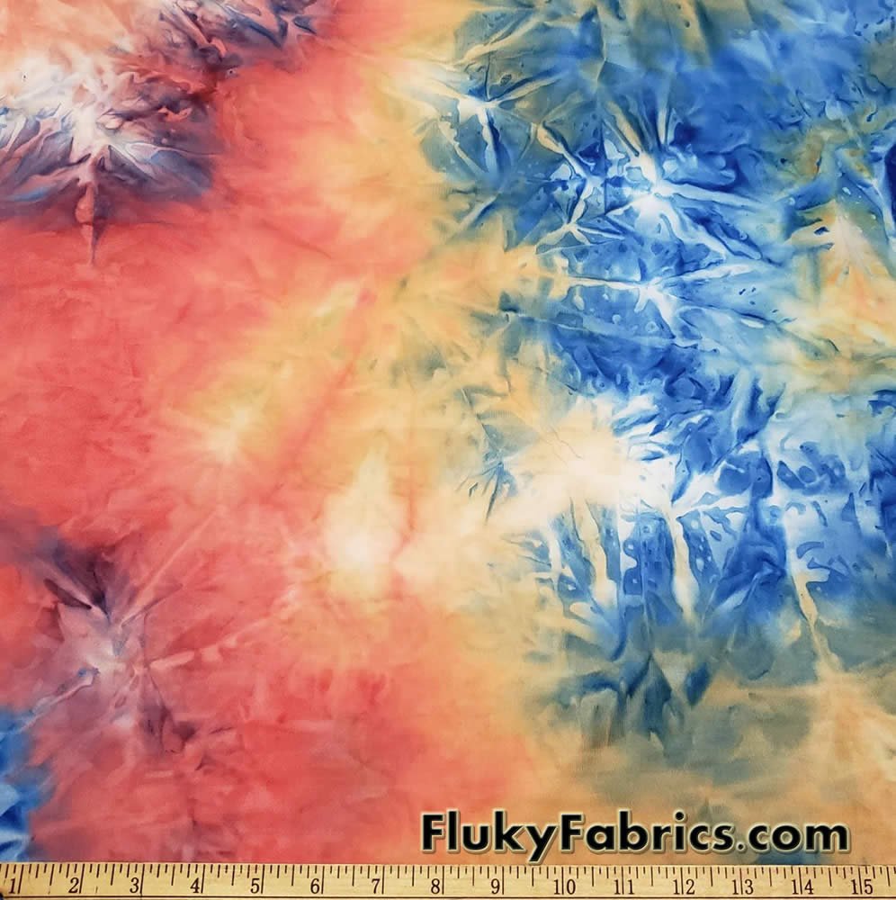 Shades of Orange, Blue, Yellow and Green Fire Tie Dye Print Poly Spandex  Fabric