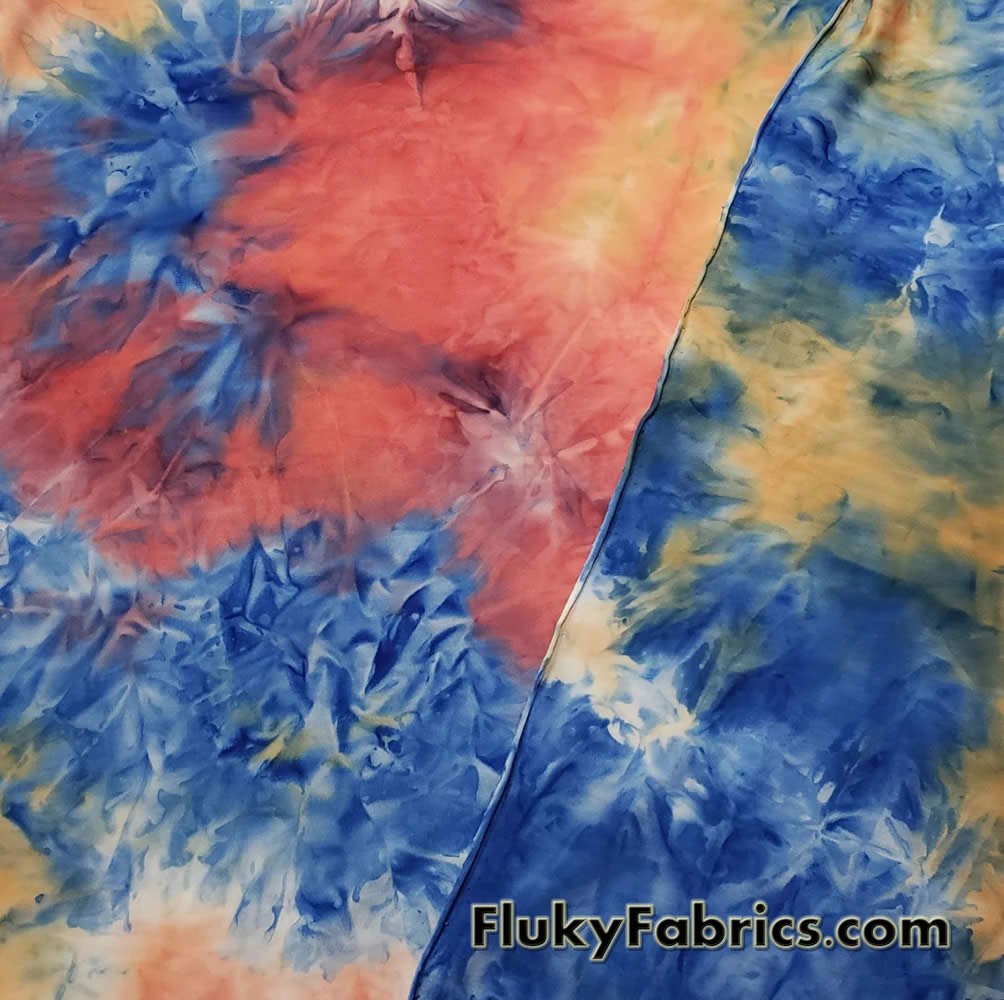 Shades of Orange, Blue, Yellow and Green Fire Tie Dye Print Poly Spandex  Fabric