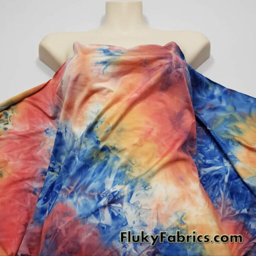 Shades of Orange, Blue, Yellow and Green Fire Tie Dye Print Poly Spandex Fabric