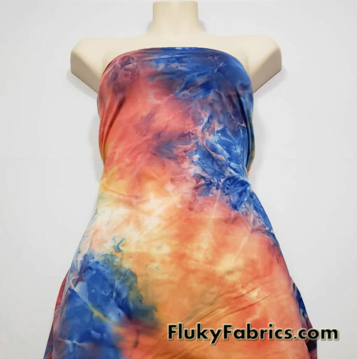 Shades of Orange, Blue, Yellow and Green Fire Tie Dye Print Poly Spandex Fabric