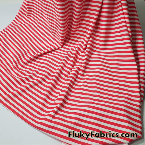 Dark Hot Coral and White Stripes Nylon Spandex Swimwear Fabric