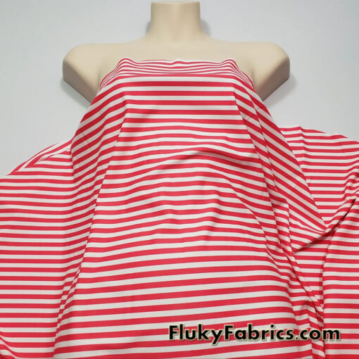 Dark Hot Coral and White Stripes Nylon Spandex Swimwear Fabric