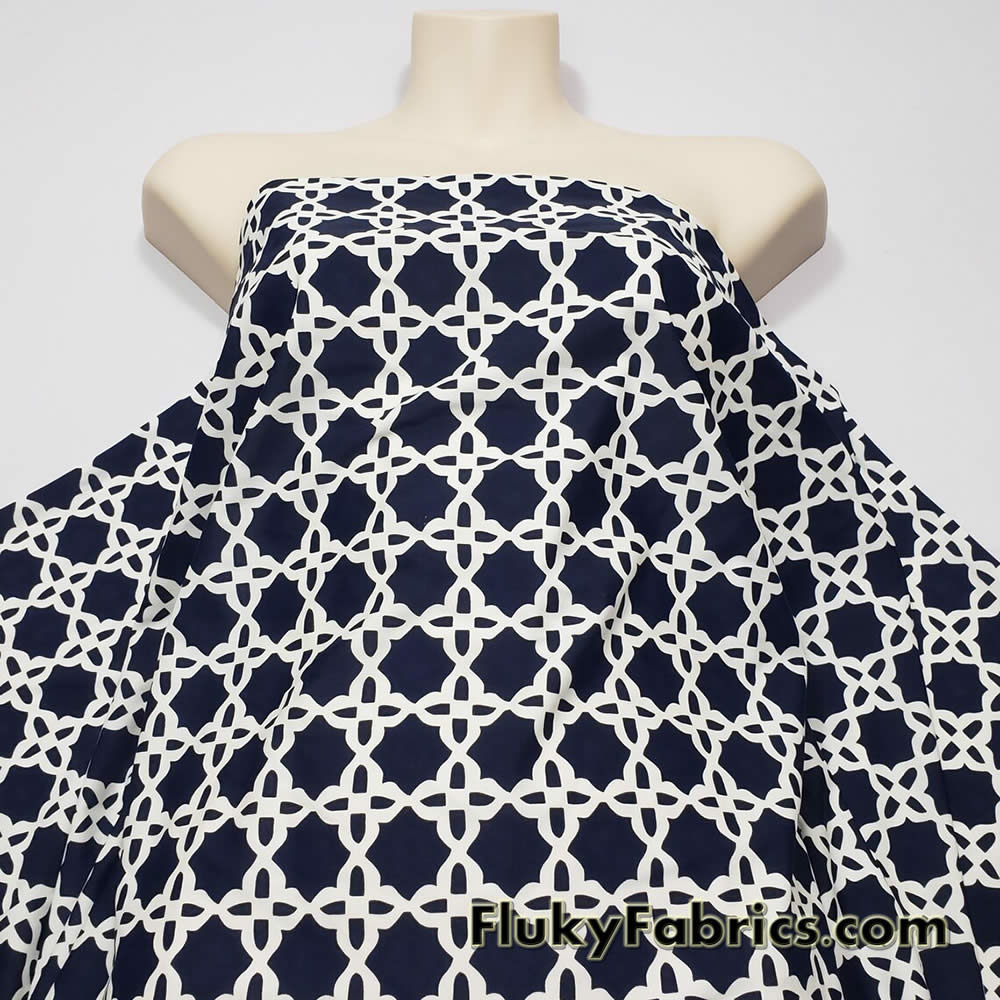 Dark Navy and Off White Tile Print Nylon Spandex Swimwear Fabric