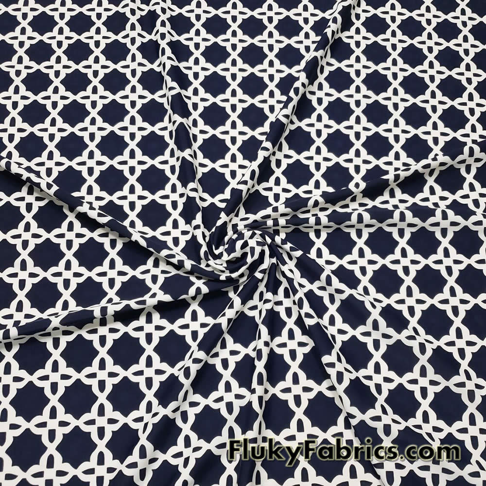 Dark Navy and Off White Tile Print Nylon Spandex Swimwear Fabric