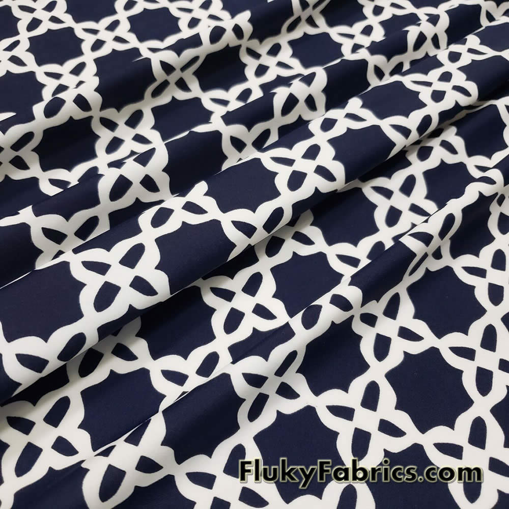 Dark Navy and Off White Tile Print Nylon Spandex Swimwear Fabric