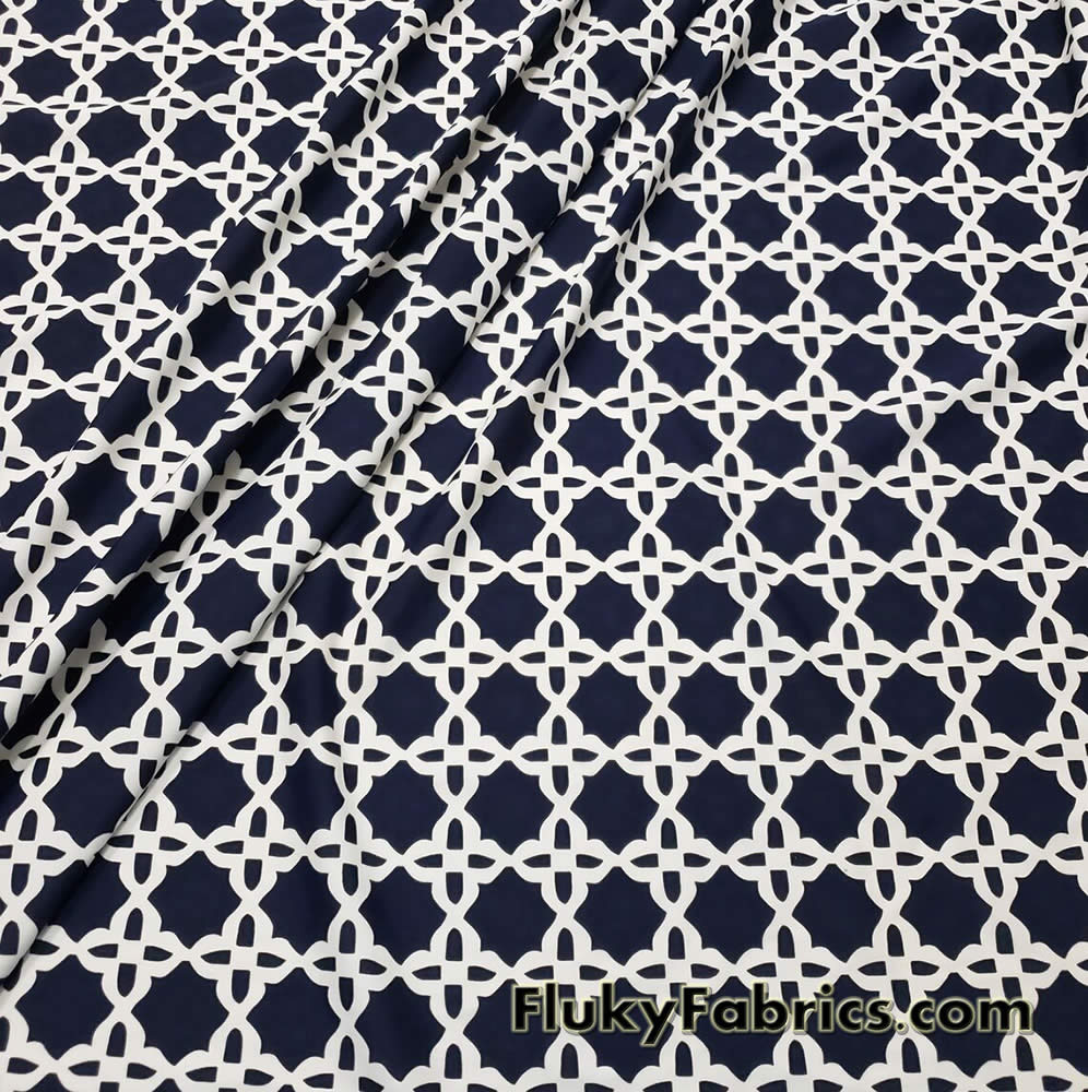 Dark Navy and Off White Tile Print Nylon Spandex Swimwear Fabric