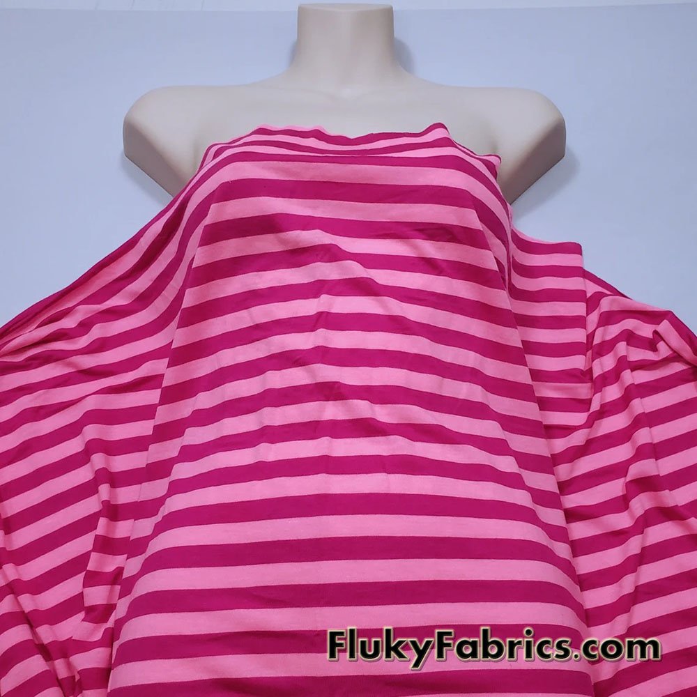 Fashion Fabrics Club Melon pink/denim Stripe Rib Knit Fabric by The Yard (97% Rayon 3% Lycra)