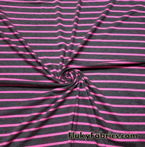 Bright Pink Stripes on Charcoal Rayon Spandex Jersey Knit Fabric