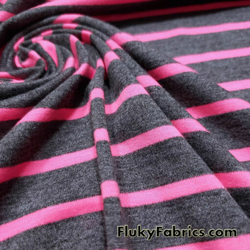 Bright Pink Stripes on Charcoal Rayon Spandex Jersey Knit Fabric