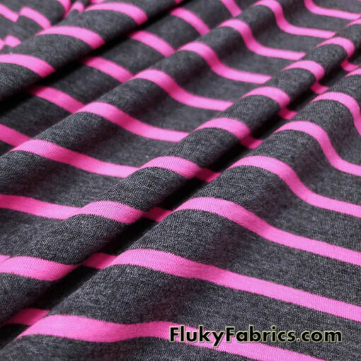 Bright Pink Stripes on Charcoal Rayon Spandex Jersey Knit Fabric