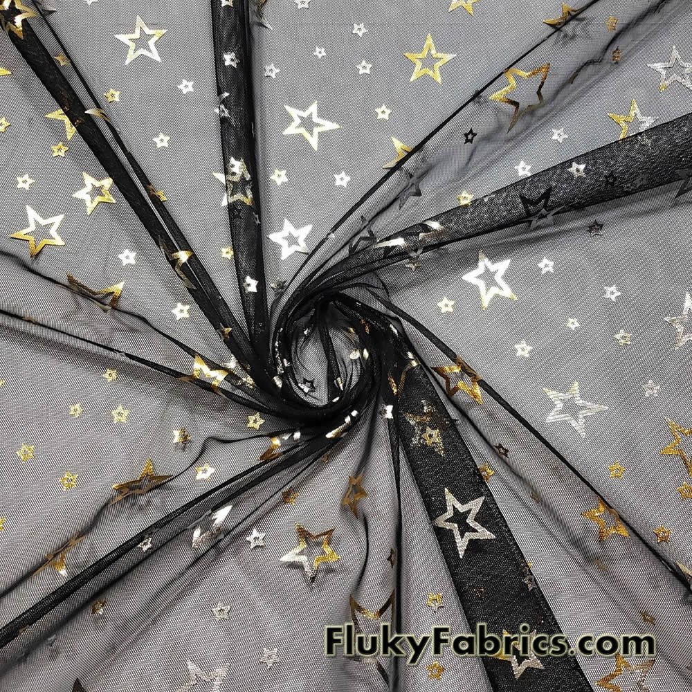 Gold and Silver Foil Stars on 2-Way Stretch Black Mesh Fabric by