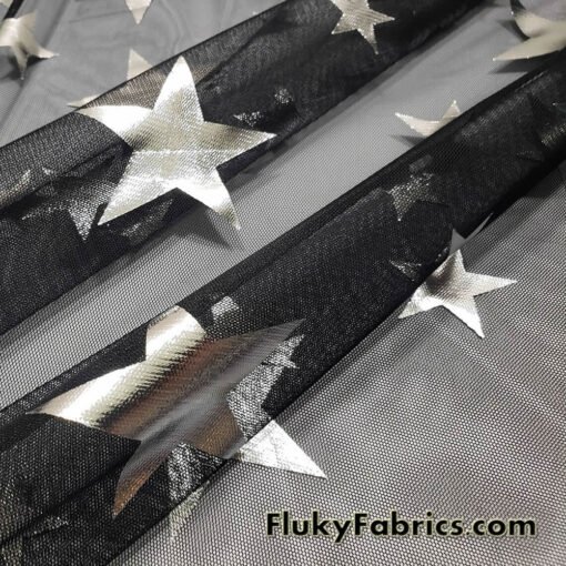 Silver Foil Stars on 2-Way Stretch Black Mesh Fabric
