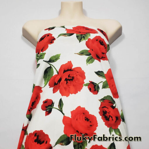 Big Red Cabbage Roses Cotton Knit Fabric
