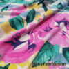 Pink and Yellow Flowers with Blue Stripes DBP Print Double Brushed Polyester Spandex Apparel Stretch Fabric
